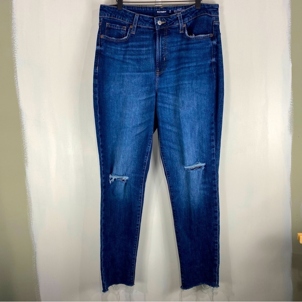 Old Navy Distressed Raw Hem High Rise O.G. Straight Denim Blue‎ Jeans 12 Tall